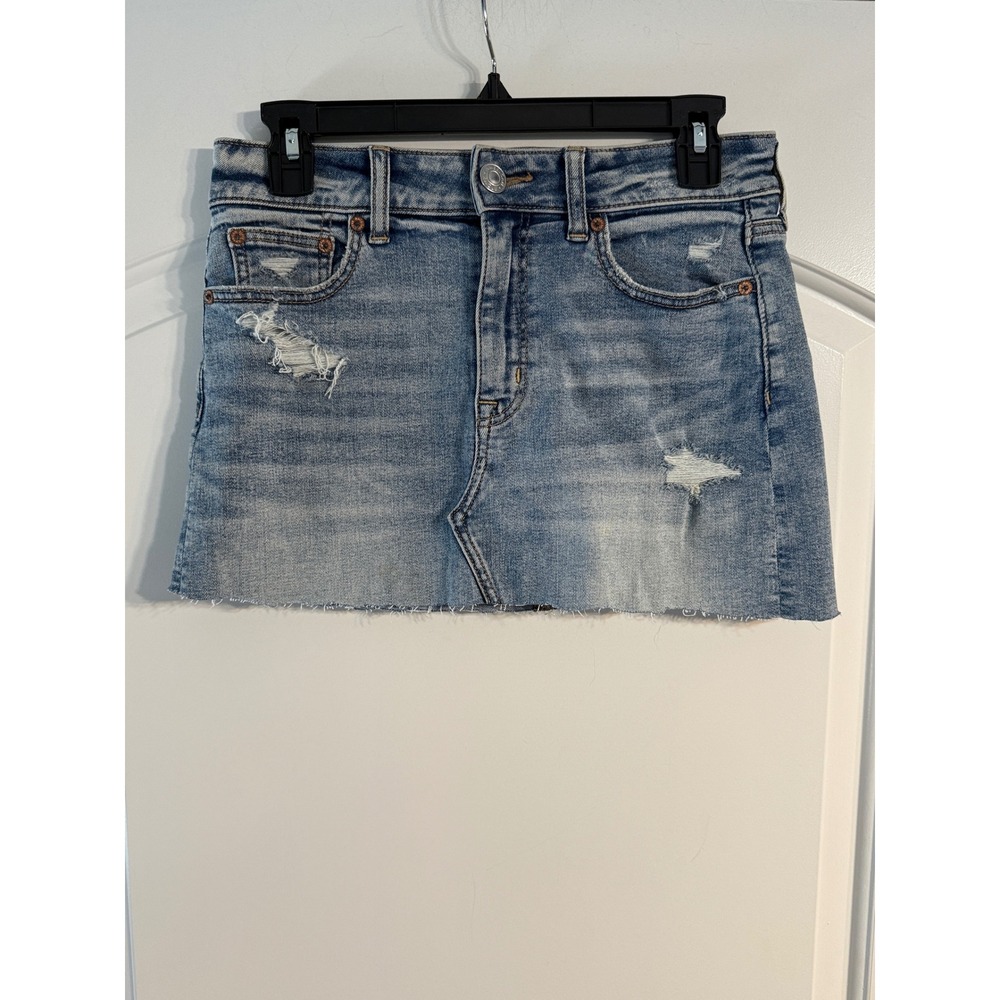 American Eagle Denim Mini Skirt 4 Blue Distressed Super Stretch Y2K Boho Edgy
